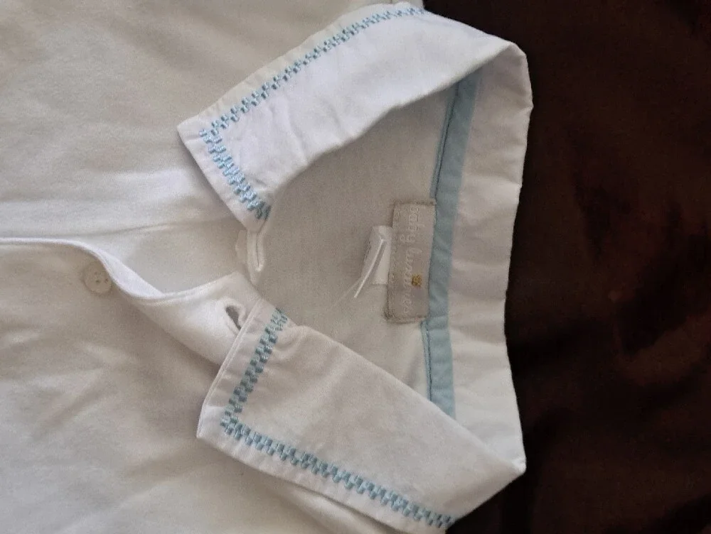 Baby Luxuries 12 Months White Polo-Style Baby One-Piece with Blue Trim